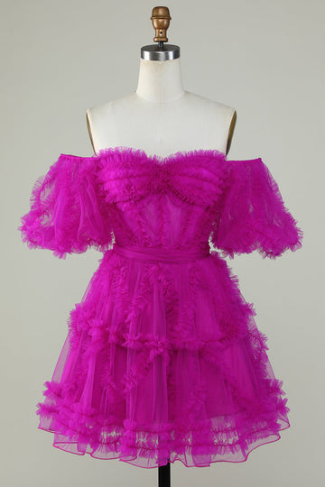Stilig en linje av skulderen Fuchsia Tylle Corsett Homecoming Dress